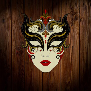 Siyah, altın ve kırmızı aksanlı çok detaylı bir süs maskesi. Gizem, kültür, karnaval, festival tasarımları ve dekorasyon için ideal.