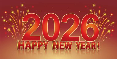 Kırmızı arka planda havai fişeklerle dolu yeni yıl 2026 'nız kutlu olsun. Vektör illüstrasyonu 3B.