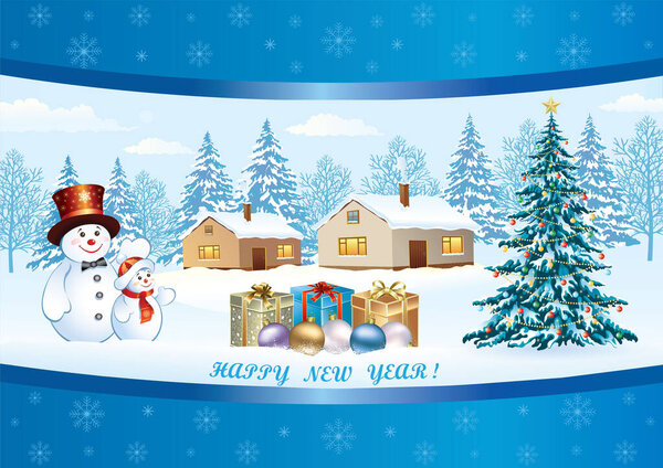 С Новым 2026 годом. Поздравительная открытка с елкой, снеговиками и подарочными коробками на зимнем пейзаже, украшенном снежинками. Векторная иллюстрация подходит для фона, баннеров, плакатов, социальных сетей,