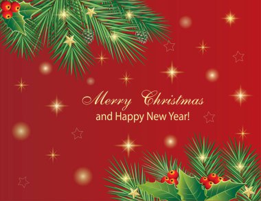 Yılbaşı şenlik tasarımı için Noel arkaplanı. Tebrik kartları, poster, tebrik, pazarlama, kapaklar, paketler için vektör çizimi. Vektör illüstrasyonu