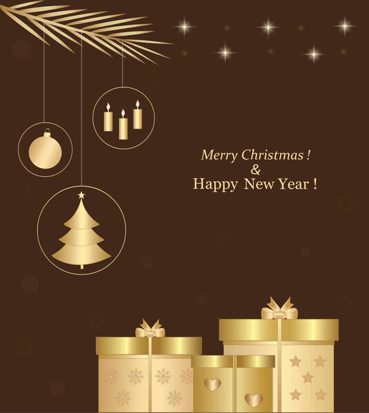 С Рождеством и Новым годом. Золотой вектор с подарочными коробками, елкой, свечами и мячом для праздничных открыток, фоном, баннерами на сайте и в социальных сетях, маркетинговыми материалами.