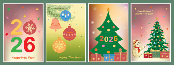 Коллекция праздничных открыток на Рождество и Новый 2026 год. Современный дизайн с елкой, шарами, подарочной коробкой, праздничным оформлением. Векторная иллюстрация для поздравительной открытки, фона, обложки, веб-сайта, баннера в социальных сетях, маркетингового материала.