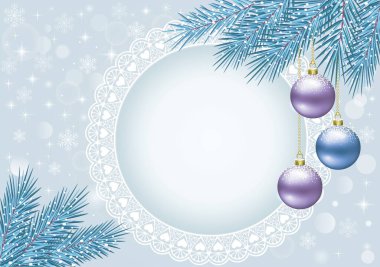 Noel arkaplanı, köknar dallarından sarkan toplarla ve mesajın ve fotoğrafın için yeri olan yuvarlak çerçeveyle dolu. Tebrik kartları, reklamlar, davetiyeler, sosyal medya için vektör illüstrasyonu.