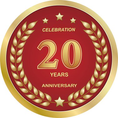 Zafer çelengi ve altın çemberdeki yıldızlarla 20. yıl dönümü kutlamaları. Pankart, poster, tebrik kartı, web siteleri ve geçmiş için 20. yıl dönümü logosu tasarımı. Vektör illüstrasyonu.