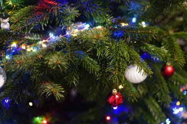 Aydınlatılmış peri ışıklarıyla dekore edilmiş çam ağacının detaylı görüntüsü. Yeni yıl Noel 'de, aile fertlerinin sıcak atmosfer tatili kutlamaları. Yüksek kalite fotoğraf