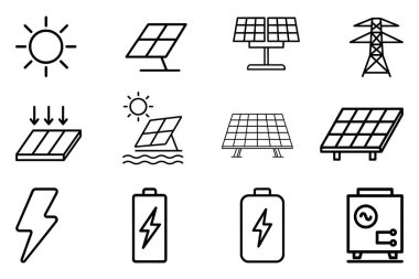 Güneş enerjisi simgeleri, güneş panelleri pilleri ve güç çeviricisinin Siluet Vektör İllüstrasyonunu ayarladı