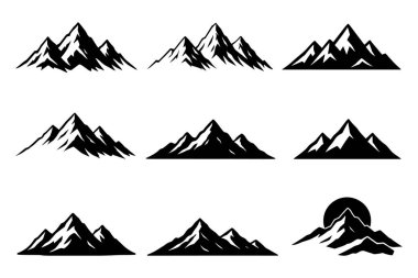 Dağ manzarası vektörü, açık hava logosu markalaşması için minimum siyah tepeler ile ayarlandı