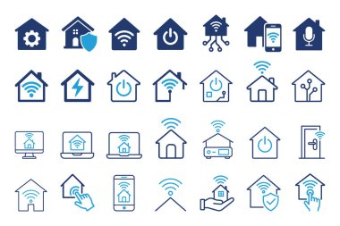 WiFi güvenlik güç kontrolü ve IOT aygıtları paketi ile akıllı ev otomasyon simgesi ayarlandı