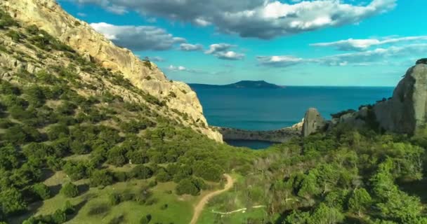 Aerial View Picturesque Valley Rocks Karaul Oba Mountain Landscape Nature — Stock Video