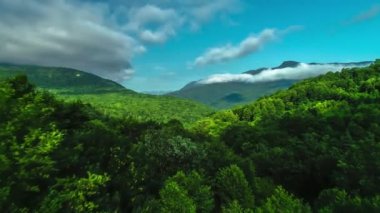 Nice aerial view of the green valley and mountain slopes. Landscape and nature of the North Caucasus