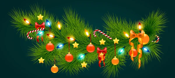 Karácsonyfa ág gömbökkel és fényekkel — Stock Vector