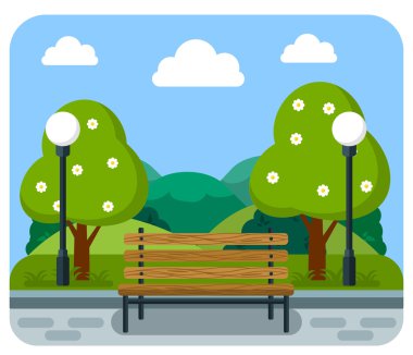 Ağaçlar ve sokak lambaları bir parkta Bank