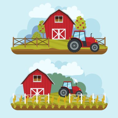  Bir ahır ve ormanın arka planında kırmızı traktör, ahşap bir çit. Düz stil, şirin köy manzaraları..