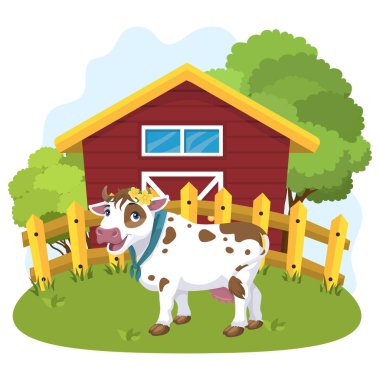  Çiftlik hayvanları. Ahır ve ormanın arka planında bir inek, ahşap bir çit. Nazik ev yapımı, güzel köy manzaraları..