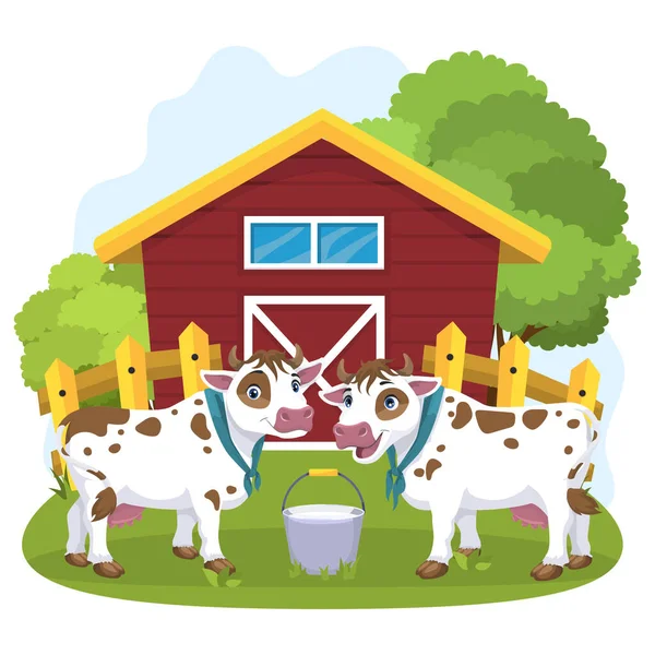 農場の動物だ 納屋や森 木製の柵を背景に牛や牛乳のバケツ 優しいフリーハンドのイラスト 美しい村の風景 — ストックベクタ
