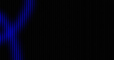 Soyut dijital arkaplan, teknolojik sunumlar için uygun, dinamik, yüksek teknolojili ve yüksek teknolojili bir görsel ortamı gösteren koyu kıvrımlı veya yüksek sesli paneller boyunca yayılan yoğun dikey mavi ışığı içerir..