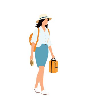 Düz vektör insanlar ve illüstrasyon, günlük tatil kıyafeti giyen kadın.
