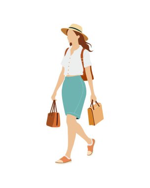 Düz vektör insanlar ve illüstrasyon, günlük tatil kıyafeti giyen kadın.