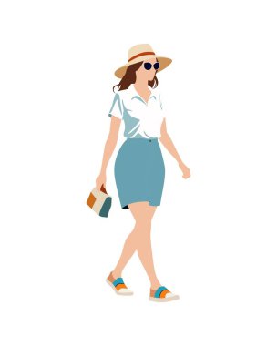 Düz vektör insanlar ve illüstrasyon, günlük tatil kıyafeti giyen kadın.