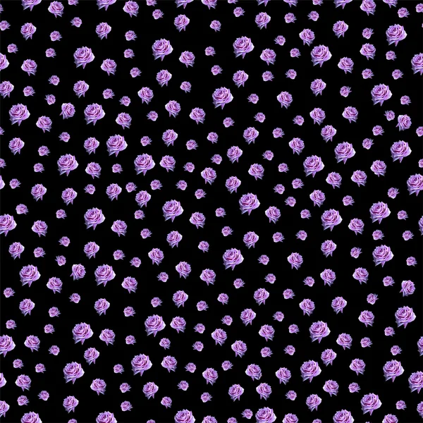 Pola bunga mulus dengan mawar merah muda kecil di latar belakang gelap, gaya poly rendah, ilustrasi vektor - Stok Vektor