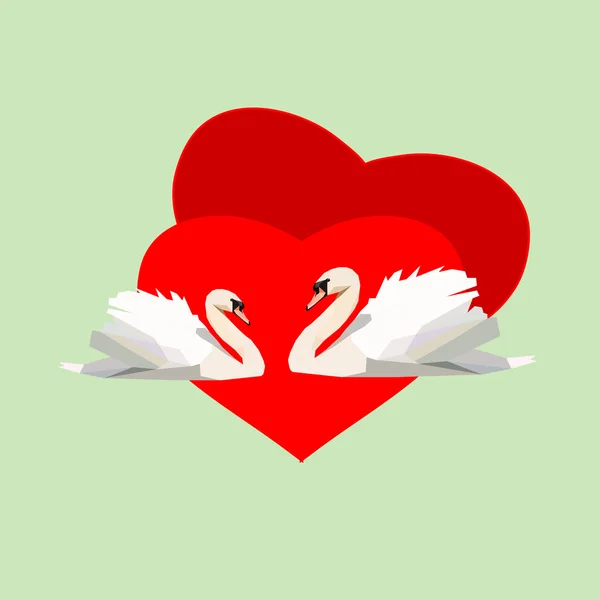 Çift beyaz kuğu, mix poligonal ve anahat stili, açık yeşil arka planı üzerinde mükemmel romantik illüstrasyon