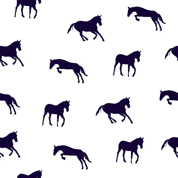 馬の抽象的な青いシルエット。馬ランニング。白い背景で動物とのシームレスなテクスチャです。アウトラインのスタイル — ストックベクタ