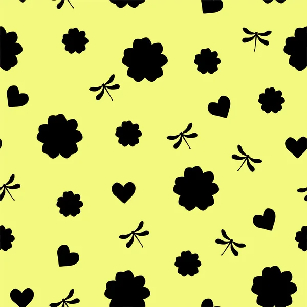 Yusufçuk, çiçek ve Sarı zemin üzerine kalp soyut seamless modeli. Siyah siluet