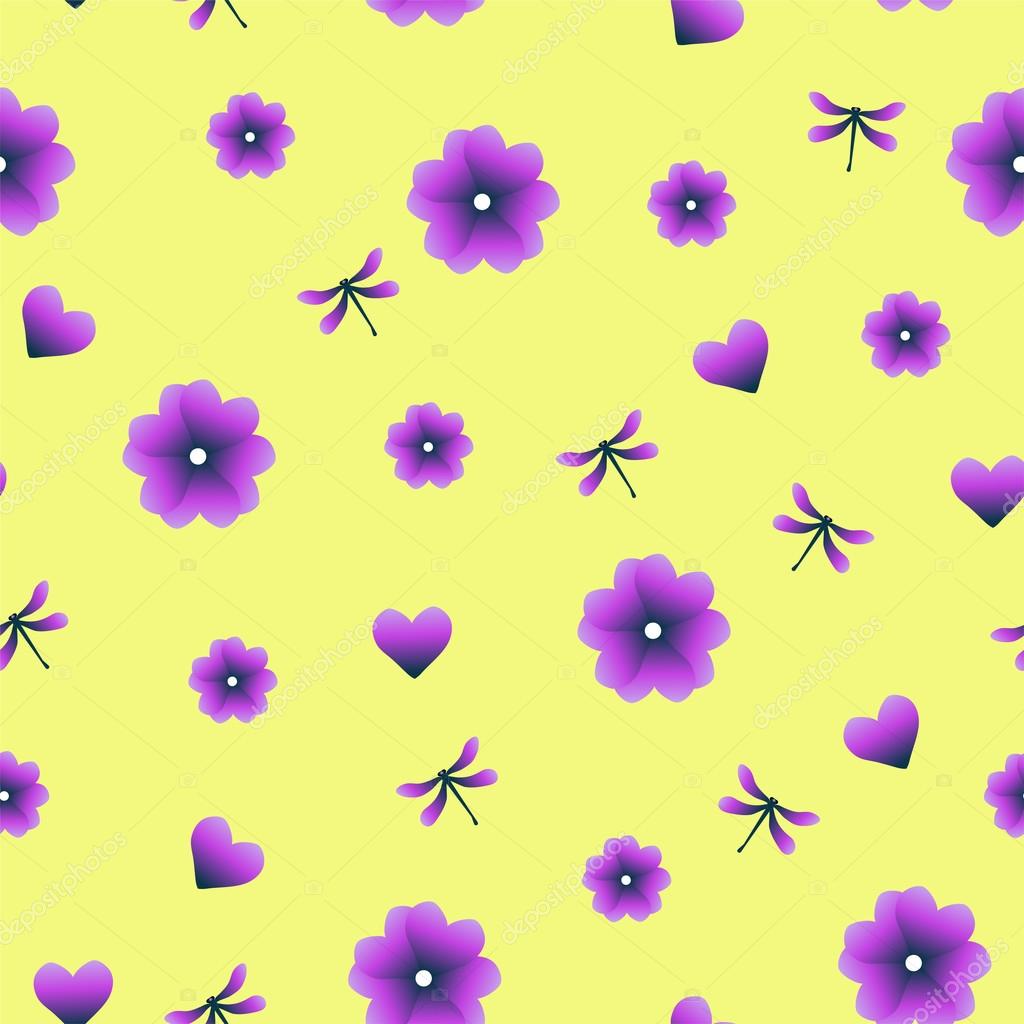Cute Vector Illustration With Abstract Purple Heart Flowers And Dragonfly On The Yellow Background Vector Image By C Rakita44 Vector Stock