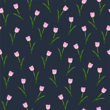 Düşük Poli illüstrasyon. Koyu mavi zemin üzerine pembe minik çiçekler. Vektör çizim.