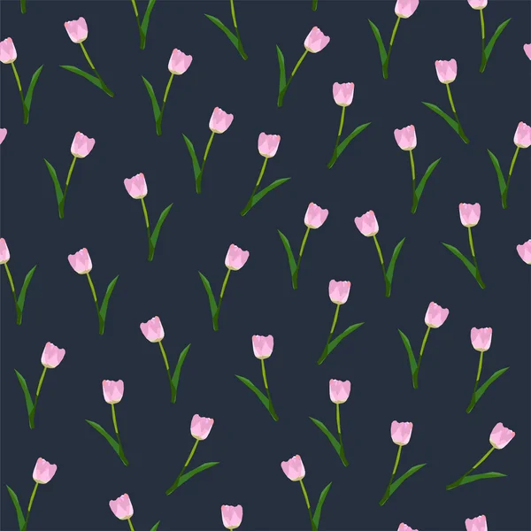 Düşük Poli illüstrasyon. Koyu mavi zemin üzerine pembe minik çiçekler. Vektör çizim.