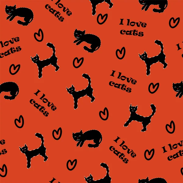 Siyah kedi ve kırmızı arka plan üzerinde kalp şeklinde. Çocukça seamless modeli.