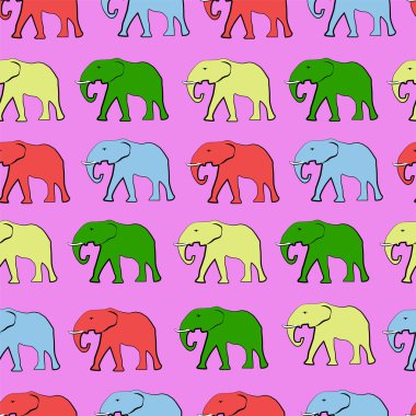 Pembe arka plan üzerinde Afrika fili ile renkli seamless modeli. 