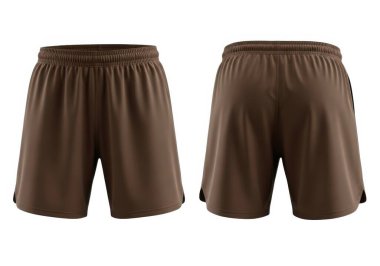 Görüntü, erkekler için önden ve arkadan gösterilen bir çift kahverengi atletik şortu gösteriyor. Şort pürüzsüz, hafif bir malzemeden yapılmış ve elastik bir bel bandı var. Koşu ya da diğer atletik aktiviteler için tasarlanmış gibi görünüyor. - Evet.