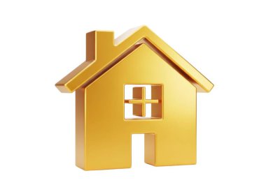 Baca ve beyaz arka planda penceresi olan 3D altın bir ev.