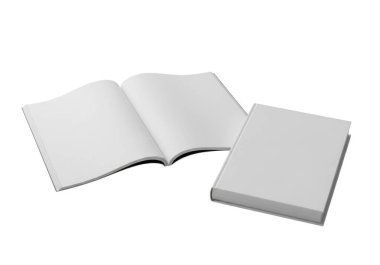 Görüntü düz beyaz arkaplanda iki beyaz kitabı gösteriyor. Bir kitap sayfaları düz yatarken, diğeri kapalı ve açık kitabın sağ tarafına yerleştirilmiş. Her iki kitabın da beyaz kapakları ve sayfaları var gibi görünüyor..