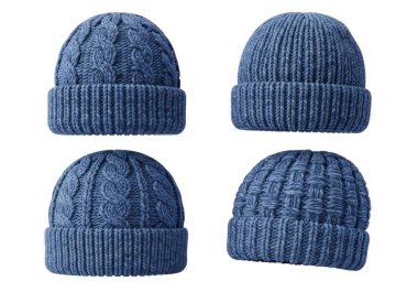 Görüntü, beyaz bir arka planda tırtıklı kelepçeli dört mavi örgü takkeyi gösteriyor. Tespihler kalın bir kumaştan yapılmış ve farklı dokulara sahipler. Üçü önden gösteriliyor, biri de açıyla gösteriliyor..