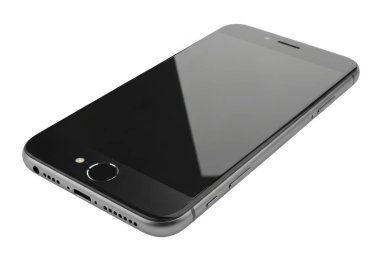 Parlak yüzeyi olan siyah bir akıllı telefon, sağ açılı, cihazın yan ve arkasını gösteriyor, küçük bir kamera lensi ve arka alt köşesinde parlıyor.