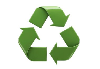 Üç oktan oluşan yeşil geri dönüşüm sembolü bir üçgen oluşturuyor, geri dönüşüm sürecini gösteriyor, düz beyaz arkaplan üzerinde..