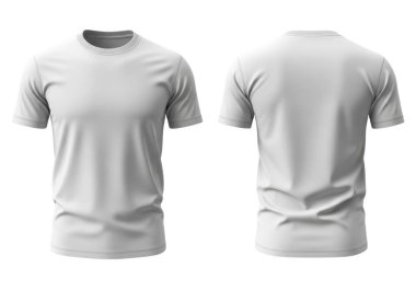 Beyaz bir arka planda önden ve arkadan gösterilen kısa kollu beyaz bir tişört.