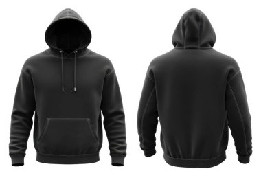 Siyah kapüşonlu, kanguru cebi ve önü ve arkası çizgili kapüşonlu.