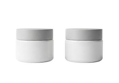 Görüntü, düz beyaz arkaplanda yan yana yerleştirilmiş gri kapaklı özdeş iki beyaz kabı gösteriyor. Konteynırlar silindir şeklinde ve plastik veya seramik malzemeden yapılmış gibi görünüyor. Pürüzsüz bir yüzeyi ve düz bir zekası vardır.