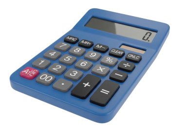 Beyaz arkaplanda gri, gri ve beyaz düğmeleri olan mavi bir hesap makinesi