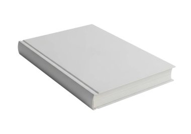 Resim beyaz bir yüzey üzerinde düz bir kapağı olan beyaz bir kitabı gösteriyor. Kitap bir açıda, omurgası görüntünün sol tarafına bakıyor. Kapak bembeyaz ve görünür bir başlık, yazar ya da başka bir marki yok.