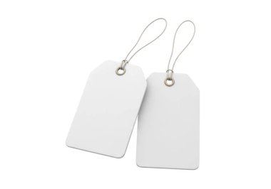 Görüntü, üzerinde bir delik ve ince bir ip bulunan iki boş beyaz etiketi gösteriyor. Etiketler yuvarlak köşeli dikdörtgen şeklindedir ve düz beyaz bir zemin üzerine yerleştirilirler. Pürüzsüz bir maddeden yapılmış gibi görünüyorlar.