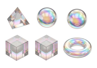 Bir üçgen, bir küre, bir torus ve küpler de dahil olmak üzere çeşitli şekillerde altı tane parlak holografik nesne.