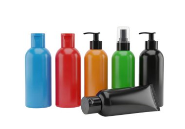 Görüntüde altı renkli plastik şişe ve tüpler yer alıyor. Şişeler mavi, kırmızı, turuncu, yeşil ve iki tane de siyah. Siyah şişelerden birinde pompa makinesi, diğer siyah şişede ise yan yatar. Eşyalar sade bir renge göre dizildi.