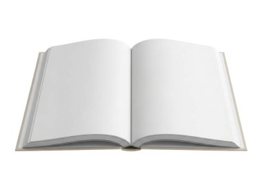 Düz beyaz arka planda boş beyaz sayfaları olan açık bir kitap. Kitap omurgası ortada düz bir şekilde uzanıyor. Sayfalar temiz ve dokunulmamış.