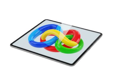 Beyaz ekranlı bir tablet mavi, sarı, yeşil ve kırmızı ile birbirine dolanmış halkaların renkli bir tasarımını gösterir. Tabletin siyah bir sınırı vardır ve düz beyaz bir arkaplan üzerine kuruludur..