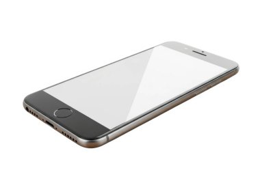 Beyaz arka planda boş ekranı olan bir gümüş ve siyah akıllı telefon, muhtemelen bir iPhone.