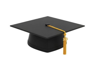 Kare kapaklı siyah bir mezuniyet şapkası ve sağ taraftan sarkan beyaz arka planda altın bir püskül.